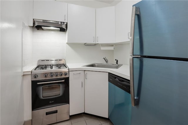 kitchen with a sink, stainless steel appliances, light countertops, white cabinetry, and exhaust hood