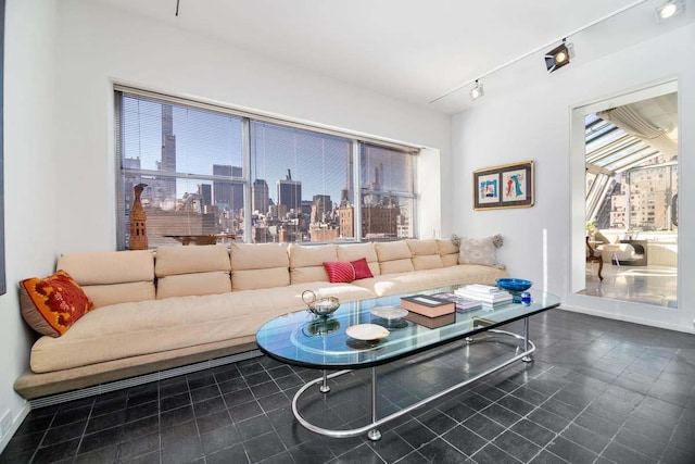 living area featuring a healthy amount of sunlight, a view of city, baseboards, and track lighting