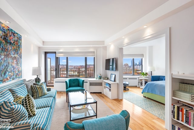 bedroom with light hardwood / wood-style floors, multiple windows, and radiator heating unit