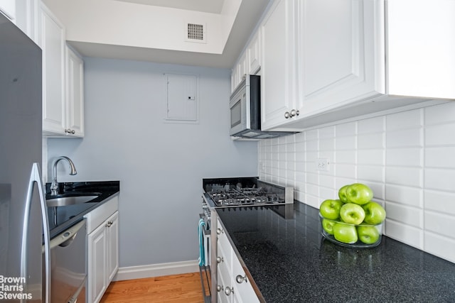 kitchen with visible vents, appliances with stainless steel finishes, white cabinets, a sink, and electric panel