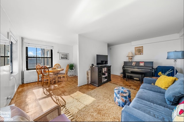 living room with parquet floors