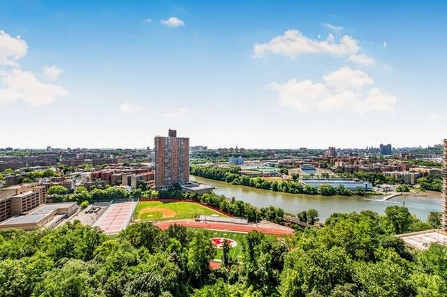 drone / aerial view with a water view