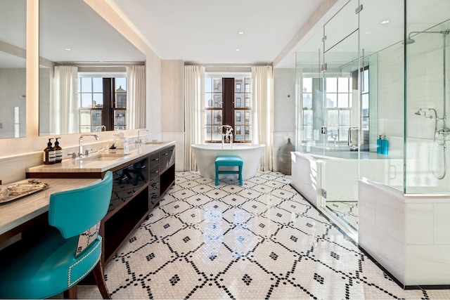 bathroom featuring a sink, a shower stall, a freestanding bath, and double vanity