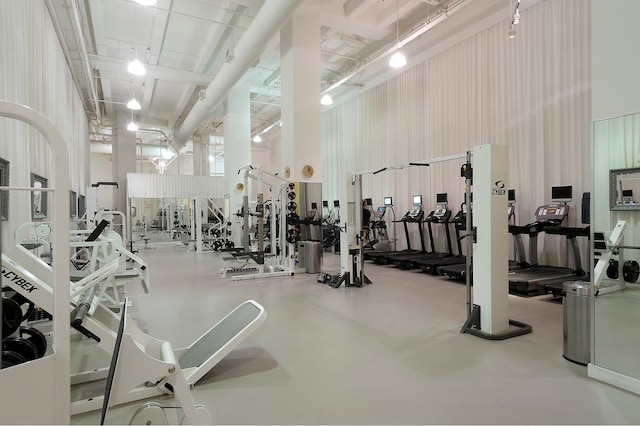 exercise room with a high ceiling