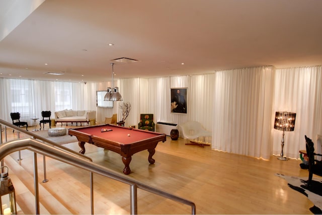 recreation room with recessed lighting, wood finished floors, and pool table