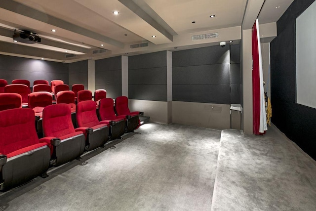 home theater with carpet flooring, recessed lighting, and visible vents