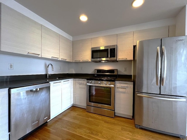 kitchen with stainless steel appliances, hardwood / wood-style flooring, and sink