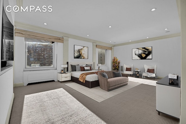 bedroom with recessed lighting, carpet flooring, and crown molding