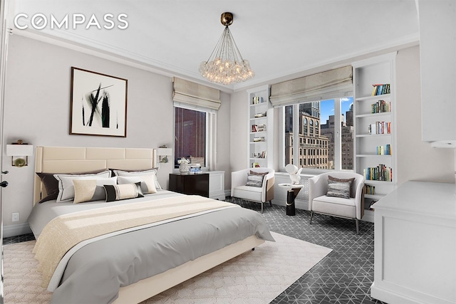 bedroom featuring a notable chandelier, ornamental molding, and dark carpet