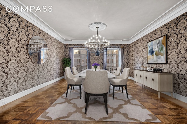 dining space featuring wallpapered walls, a notable chandelier, baseboards, and ornamental molding