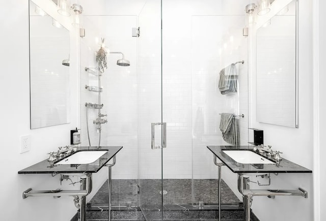 bathroom with walk in shower and sink