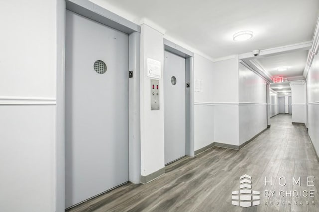 hallway featuring hardwood / wood-style flooring and elevator