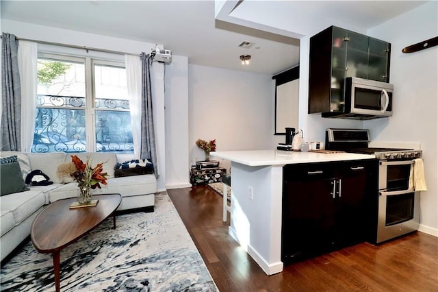 52 3rd Ave Unit 1A, New York City, NY 11217 - kitchen with appliances with stainless steel finishes, dark wood-style floors, light countertops, and dark cabinetry