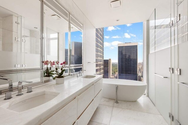 bathroom with vanity and a washtub