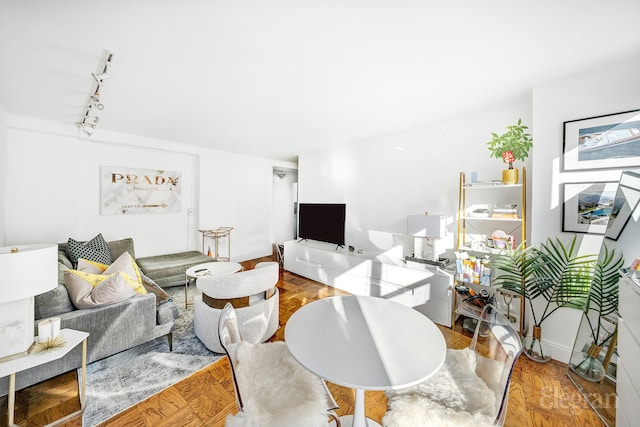 living area featuring baseboards, track lighting, and wood finished floors