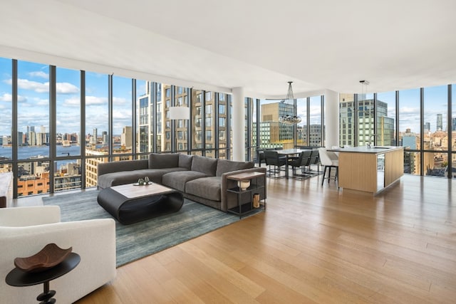 living room with expansive windows, sink, and light hardwood / wood-style flooring