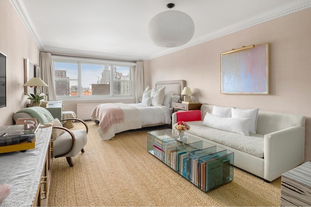 bedroom with a city view and crown molding