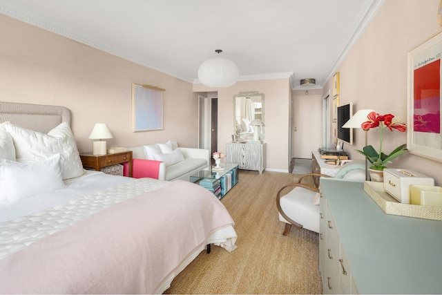 bedroom featuring ornamental molding, baseboards, light colored carpet, and radiator heating unit