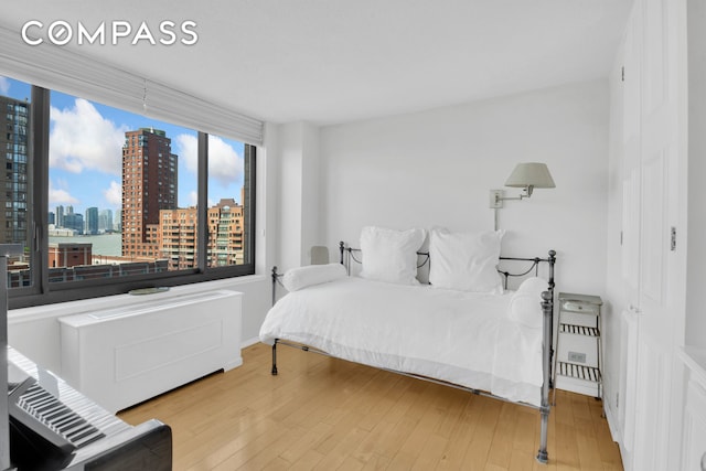 200 Rector Pl Unit 14E, New York City, NY 10280 - bedroom featuring a skyline view and wood finished floors