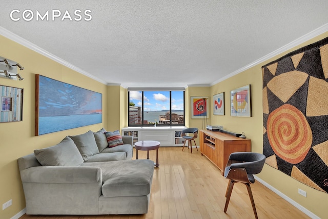 living room with light wood-type flooring, a textured ceiling, baseboards, and crown molding