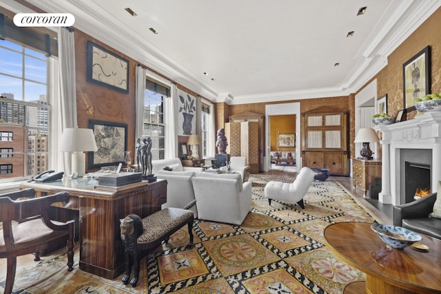 living room with ornamental molding