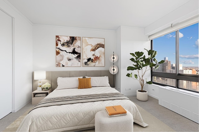 bedroom featuring carpet flooring and a city view