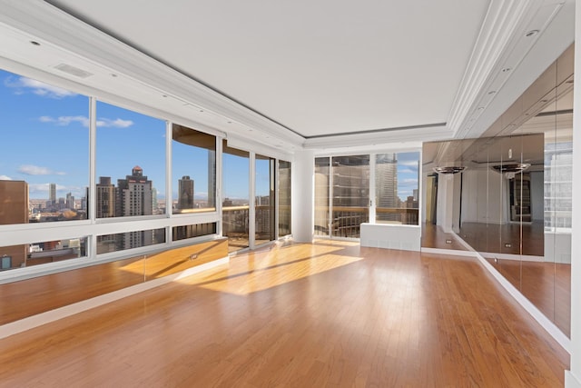 unfurnished room with a view of skyline, wood finished floors, a wall of windows, and a tray ceiling