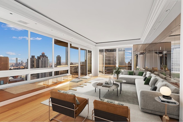 living room featuring a skyline view, a wall of windows, wood finished floors, and a tray ceiling