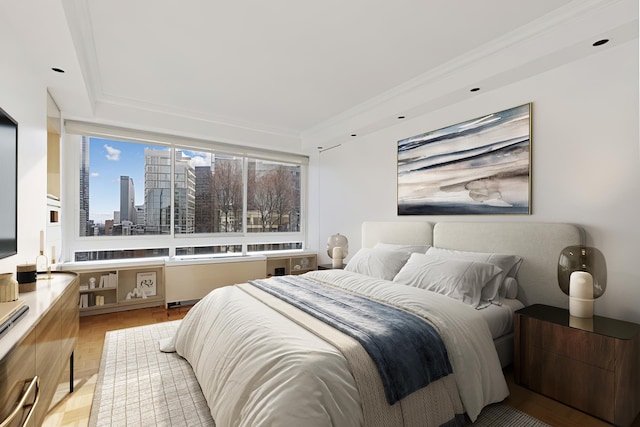 bedroom with a skyline view and a tray ceiling