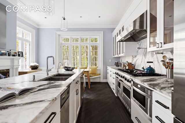 kitchen with crown molding, wall chimney exhaust hood, stainless steel appliances, and a sink