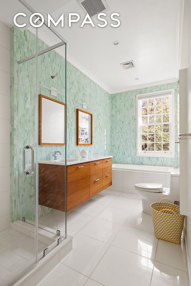 bathroom with visible vents, toilet, and a shower stall