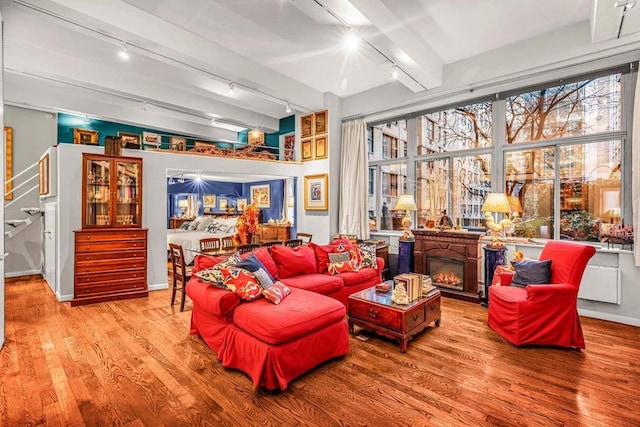 living room with rail lighting, light hardwood / wood-style floors, and beam ceiling