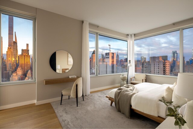 bedroom with a view of skyline, wood finished floors, and baseboards