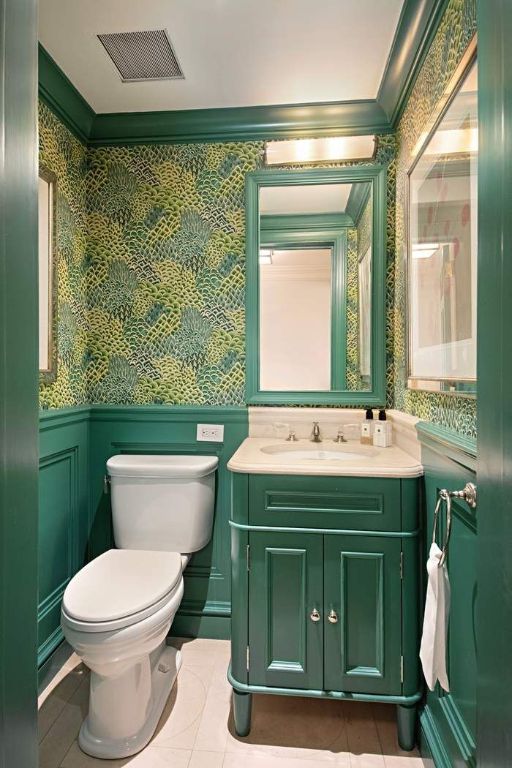 bathroom featuring vanity, tile patterned flooring, and ornamental molding