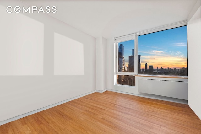 empty room featuring light wood-style floors and a view of city