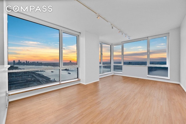 spare room with light wood-style floors, expansive windows, rail lighting, and baseboards