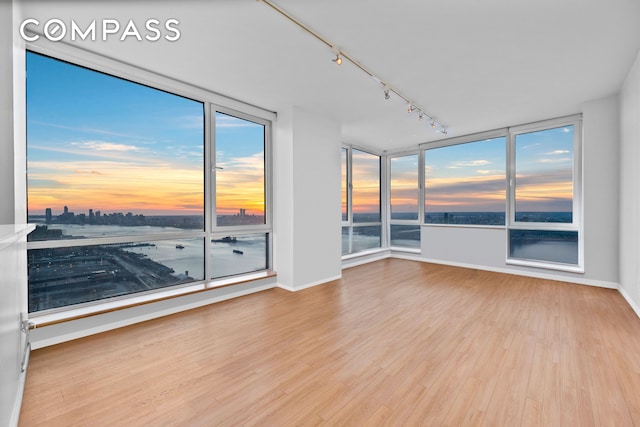 spare room with rail lighting, baseboards, a wall of windows, and wood finished floors