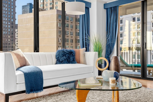 balcony with a view of city and an outdoor living space