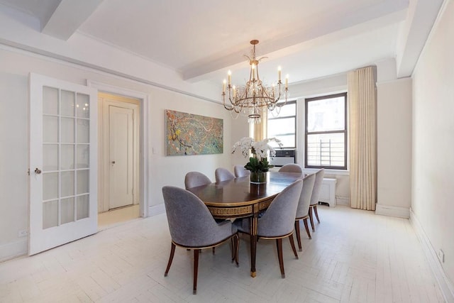 dining room featuring beamed ceiling, light parquet flooring, cooling unit, and a chandelier