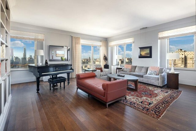 living room featuring a healthy amount of sunlight and dark hardwood / wood-style floors