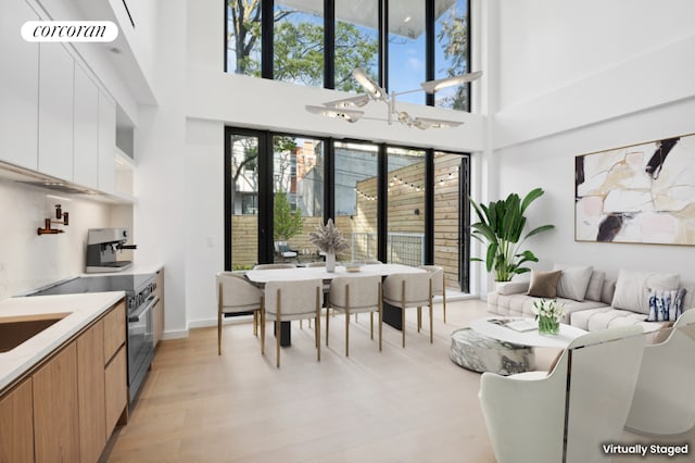 interior space with a notable chandelier, a wealth of natural light, a high ceiling, and light hardwood / wood-style flooring