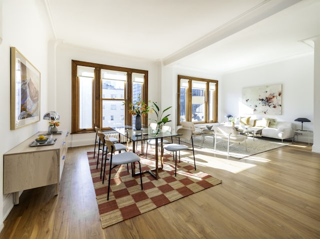 dining space with ornamental molding, hardwood / wood-style floors, and a healthy amount of sunlight