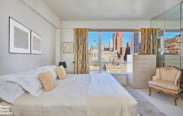 carpeted bedroom with a city view