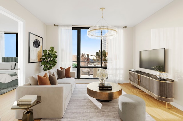 living room with expansive windows, baseboards, light wood-style flooring, and a chandelier