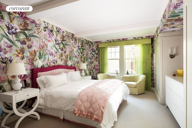 bedroom with carpet floors and ornamental molding