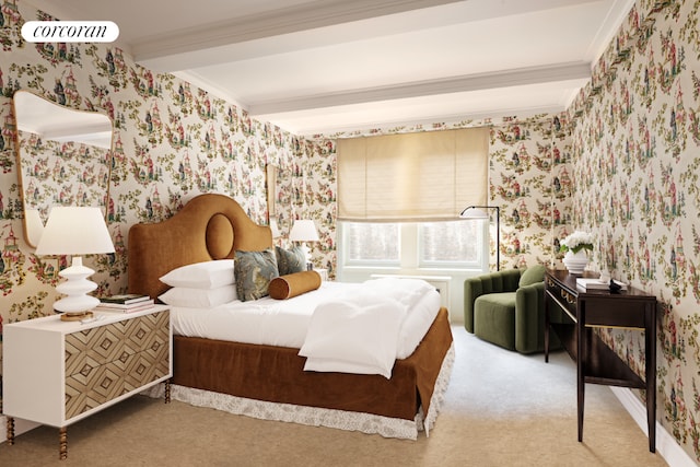 bedroom featuring crown molding, carpet flooring, and beam ceiling