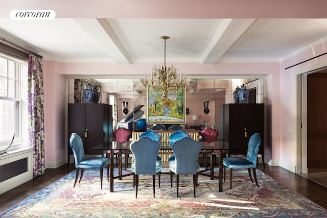 dining area featuring beam ceiling, ornamental molding, dark hardwood / wood-style flooring, and an inviting chandelier