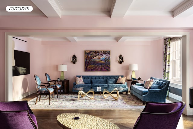 living room featuring hardwood / wood-style flooring, beamed ceiling, and crown molding