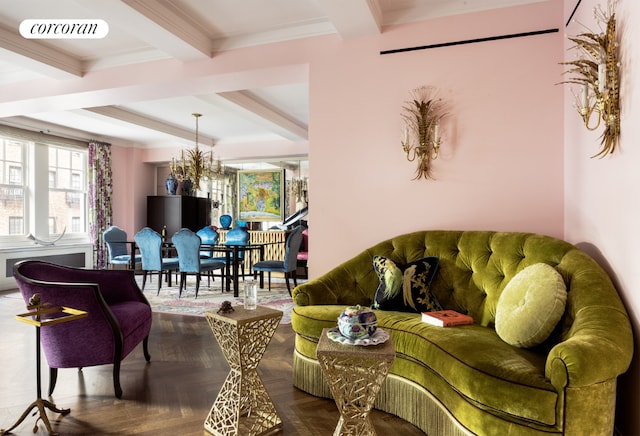 living room featuring parquet floors, an inviting chandelier, crown molding, and beam ceiling