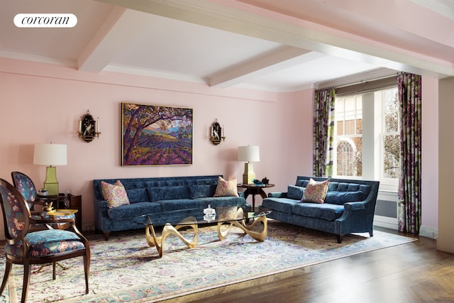 living room with hardwood / wood-style flooring, beamed ceiling, and ornamental molding